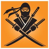 Silhouette of a ninja character with crossed swords against an orange background vector