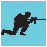 Silhouette of a kneeling soldier aiming rifle with a helmet against a blue background vector
