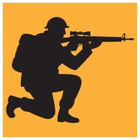 Silhouette of a soldier kneeling and aiming a rifle against a yellow background vector