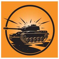 Silhouette of a military tank in a circle with explosive light on an orange background vector