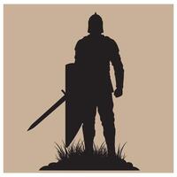 Silhouette of a medieval knight standing ready with sword and shield on a brown background vector