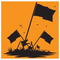 Silhouette of black flags in a field with flying birds against an orange background vector