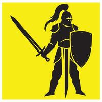 Silhouette of a knight standing with sword and shield on a bright yellow background vector