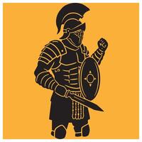 Powerful silhouette of a roman gladiator in full armor against a golden background vector