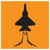 Silhouette of a military jet taking off with clouds on an orange background vector