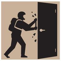 Person breaking down a door with a hammer in a minimalist black and white illustration vector