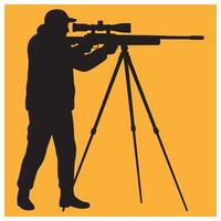 Silhouette of a sniper aiming rifle mounted on a tripod with an orange background vector