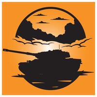 Silhouette of a tank under a dramatic sunset with birds and clouds illustration vector