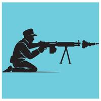 Silhouette of a soldier kneeling with a machine gun firing bullets on a blue background vector