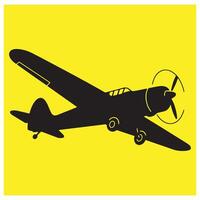 Black silhouette of a propeller airplane flying against a bright yellow background vector