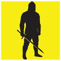 Silhouette of a knight holding a sword against a bright yellow background vector