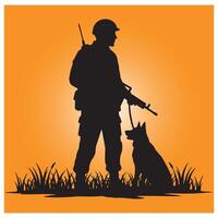Silhouette of a soldier with a military working dog against an orange background vector