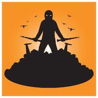 Silhouette of armed figure standing on rubble under birds with orange background vector