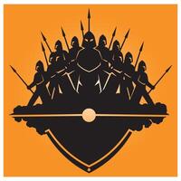 Silhouette of an ancient roman legion guarded in formation ready to battle on orange background vector
