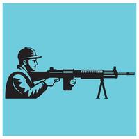 Silhouette of a soldier holding a rifle aiming at a target during a combat situation vector