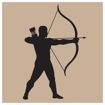 Silhouette of an archer taking aim with a bow and arrow on a tan background vector