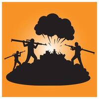 Silhouette of soldiers in a war scene with explosions and battlegrounds elements vector