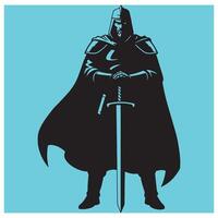 Silhouette illustration of a medieval knight standing with sword and armor ready for battle vector