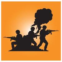 Silhouette of soldiers in action with smoke and orange background depicting conflict vector
