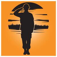 Silhouette of a respectful soldier saluting against a sunset background depicting honor and sacrifice vector