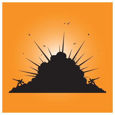 Silhouette illustration of a battlefield explosion with soldiers and flying debris