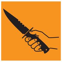 Silhouette illustration of a hand holding a knife on an orange background ready for use vector