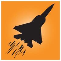 Black silhouette of a modern jet fighter ascending against a warm orange backdrop vector