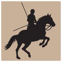 Silhouette of a polo player on a rearing horse against a beige background vector