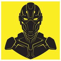 Stylized black robot face with yellow glowing eyes and yellow background portrait vector
