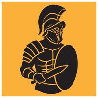 Silhouette of a spartan warrior with a shield and sword on a yellow background vector