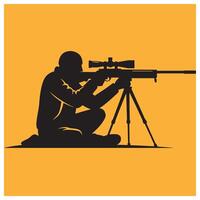 Silhouette of a sniper aiming rifle with a scope on a tripod against yellow background vector