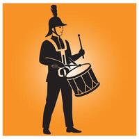 Silhouette of a drummer in uniform playing a snare drum with orange background vector