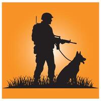 Silhouette illustration of soldier and military working dog on orange background vector