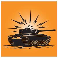 Silhouette of a combat tank with explosive impact and orange background illustration vector