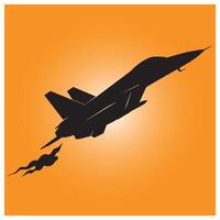 Silhouette of a jet fighter flying against a gradient orange background vector