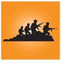 Silhouette of soldiers advancing across rocky terrain against an orange gradient background vector