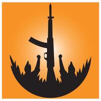 Silhouette of an assault rifle with raised fists and a crowd against an orange background vector