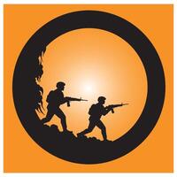 Silhouette of two soldiers running with rifles inside a circular illustration vector