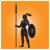 Silhouette of a warrior with spear and shield against a gradient orange background vector