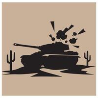 Silhouette of a firing tank in a desert landscape with cactus plants and explosion details vector