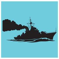 Silhouette of a naval warship sailing across the ocean with smoke on blue background vector