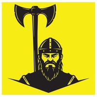 illustration of a viking warrior with battle axe and helmet on yellow background vector