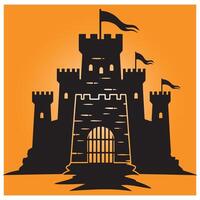 Silhouette of a medieval castle with flying flags and an orange gradient background vector