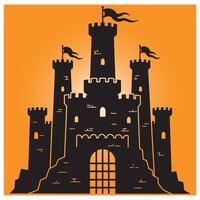 Silhouette of a majestic medieval castle with towers flags and a striking orange backdrop vector