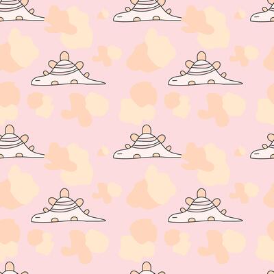 Hand-drawn lazy dinosaur on a light pink background. Seamless pattern is animal for clothing, fabric, wallpaper, backdrop, home decoration, cover book, and wall art.