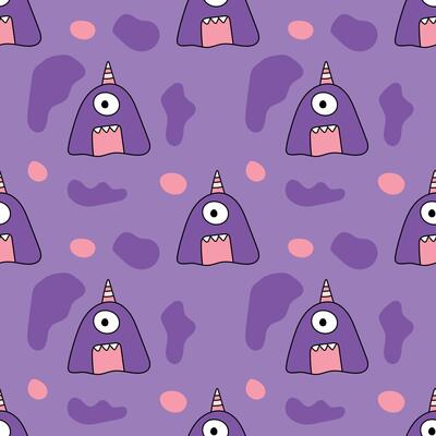 Hand-drawn funny monster on a light purole background. Seamless pattern is halloween for clothing, fabric, wallpaper, backdrop, home decoration, cover book, and wall art.