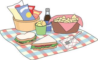 Chips in basket, coke, sandwiches Picnic Illustration vector