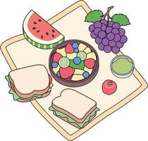 Fruit salad, sandwiches, grape, watermelon Picnic Illustration vector