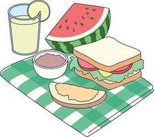 sandwich, watermelon, lemonade Picnic Illustration vector