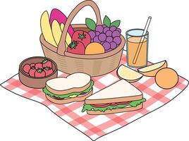 Fruit Basket, strawberries, sandwiches, orange juice Picnic Illustration vector